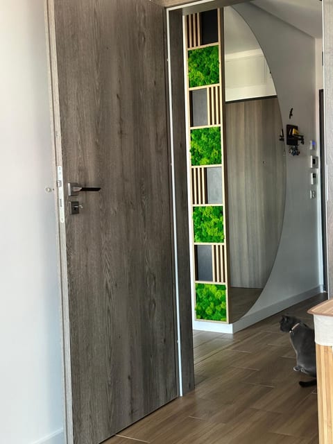 Hol cu oglindă înaltă și raft decorativ cu panouri verzi și riflaje